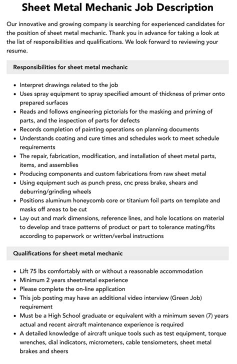 hvac sheet metal mechanic job description|sheet metal technician.